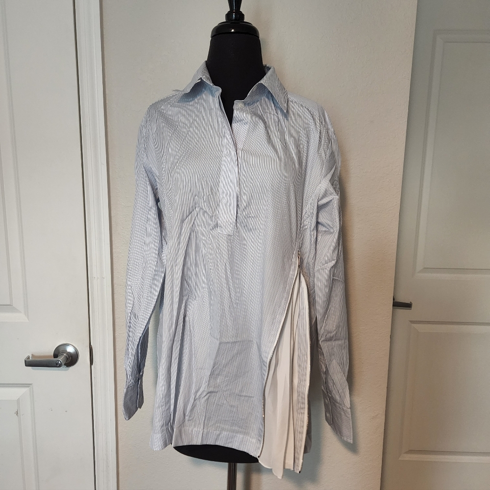 Striped Button-Up Shirt with Pleated Detail